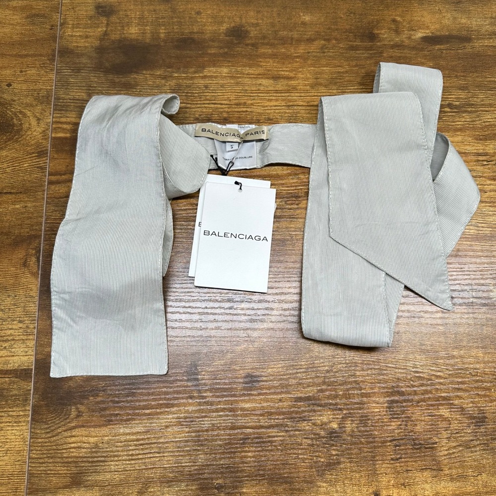 New Balenciaga Paris Gray Pinstripe 100% Silk Tie Belt Scarf Made in Italy NWT